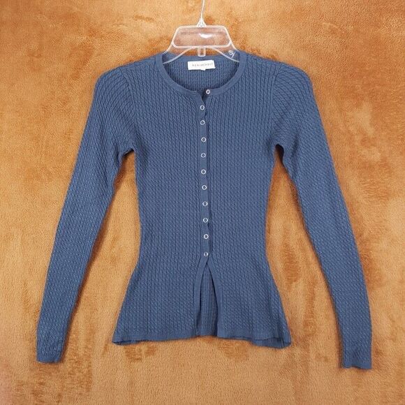 WEWOREWHAT Sweater Womens Small Teal Blue Snap Button Stretch Tight Cableknit - Picture 1 of 8